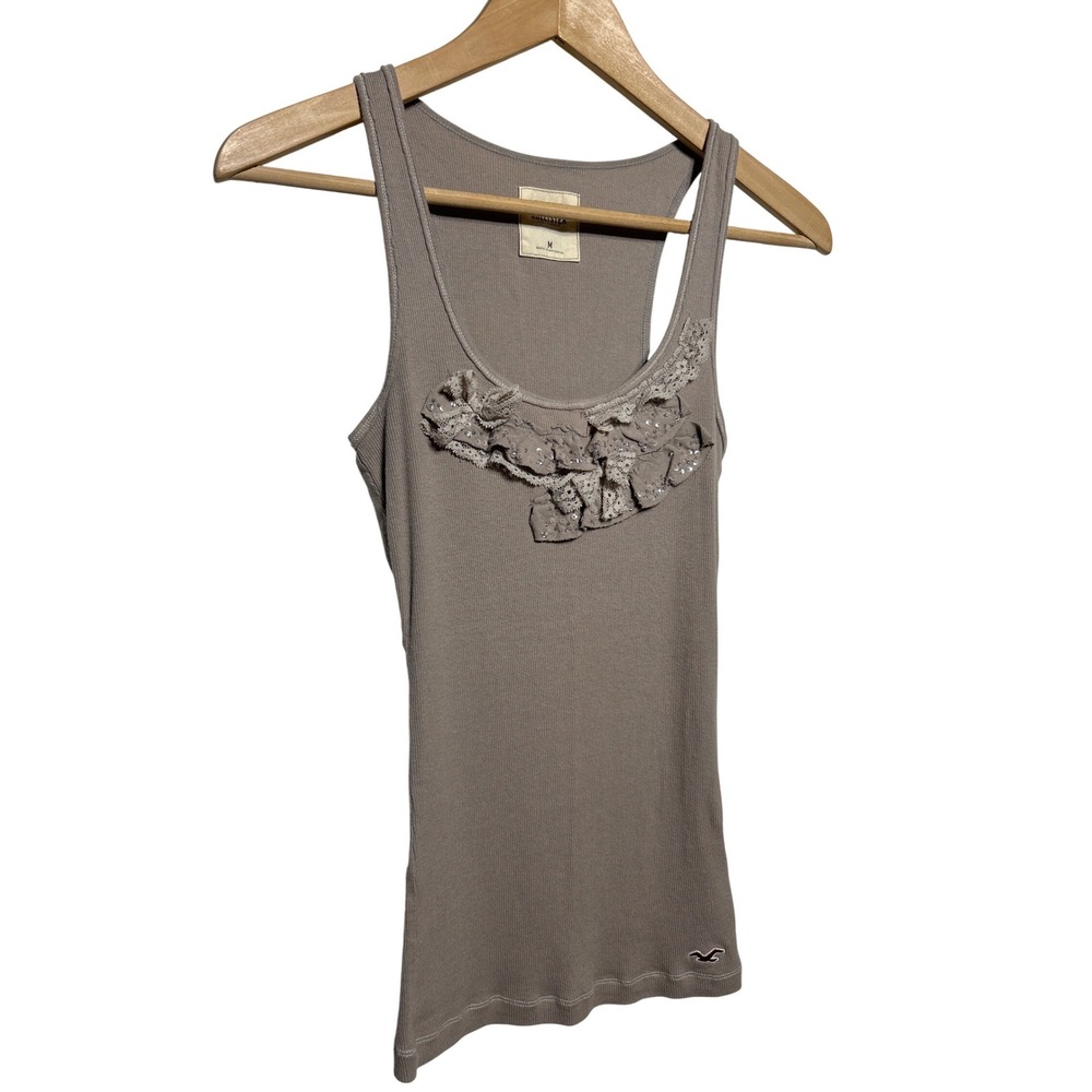 Hollister Gray Ribbed Racerback Tank Top Embellished Front Size M